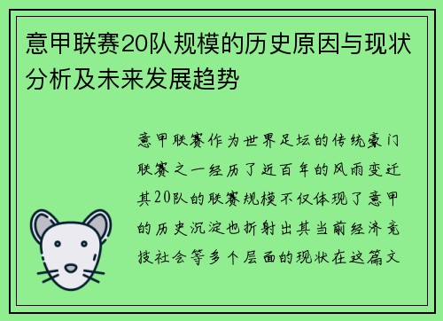 意甲联赛20队规模的历史原因与现状分析及未来发展趋势
